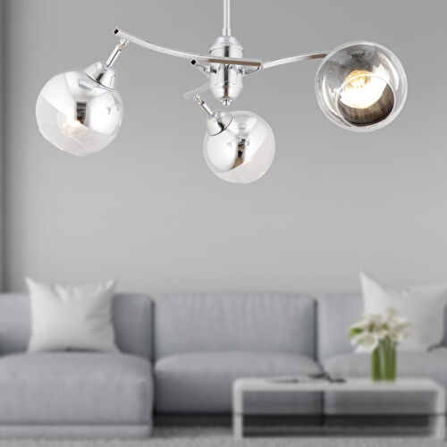 Apliqa Abbey 3'lü Krom Rengi Krom Camlı Yuvarlak Modern Oturma Odası Spot Salon Avize