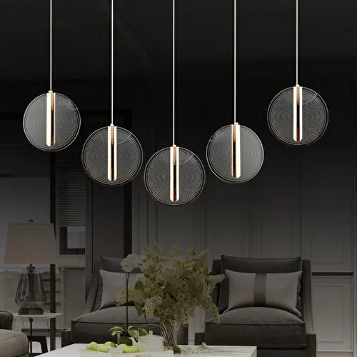 Apliqa Dustin 5'li Sıralı 3 Renk 75 Watt Gold Kristal Ledli Modern Oturma Odası Salon Sarkıt Avize