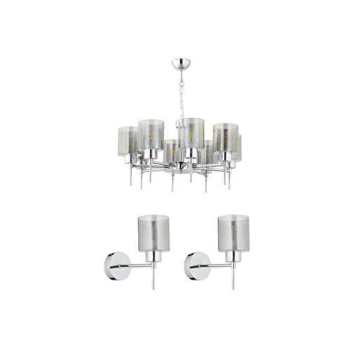 Apliqa Cemre 8'li Krom Modern Tasarım Yatak Odası Salon Avize-aplik Seti 3 Parça Avize-aplik Seti Seti