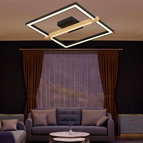 Apliqa April Siyah 58 Watt Plafonyer Kare Ahşap Desenli Modern Salon Led Avize