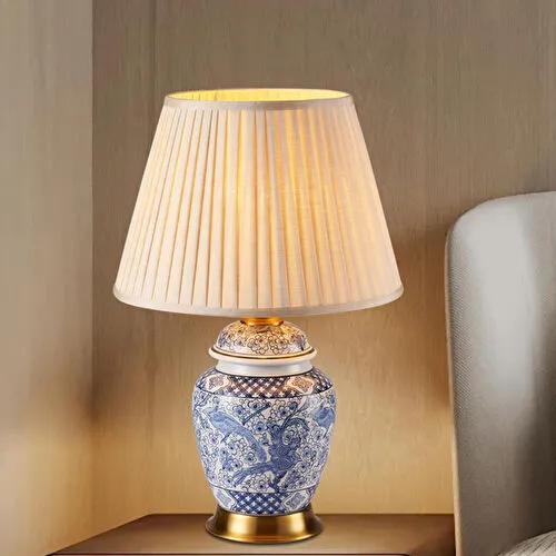 Apliqa Elea Bleu Blanc Desenli Seramik Oturma Odası Salon Abajur