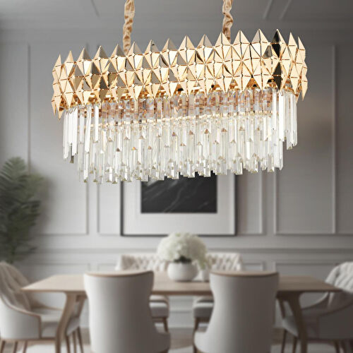 Apliqa Rodya 80'lik Sıralı Gold Kristal Taşlı Modern Yemek Odası Salon Sarkıt Avize