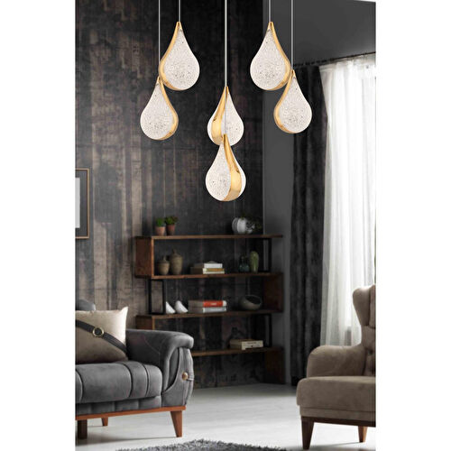 Apliqa Biana 6'lı Yuvarlak Gold Damla Başlıklı Modern Salon Led Avize