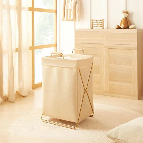 Ocean Home Textile Katlanabilir Metal Destekli Altın Renk Jüt Keten Çamaşır Sepeti 36 X 33 X 60 Cm