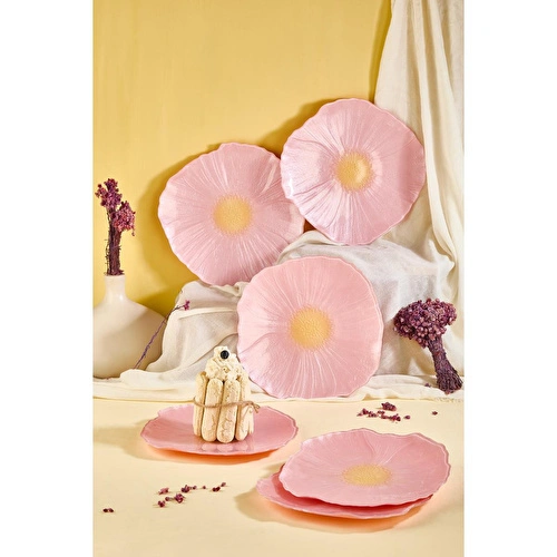 Lora Bianca Alba 28 Cm 6'lı Pembe Çiçek Desen Servis Sunum Tabağı Seti