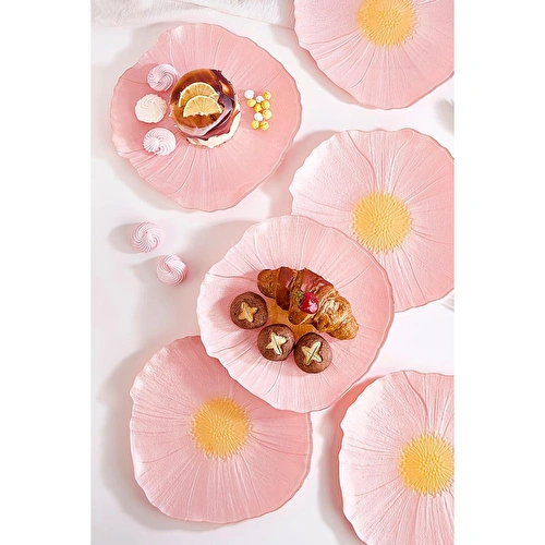 Lora Bianca Alba 28 Cm 6'lı Pembe Çiçek Desen Servis Sunum Tabağı Seti