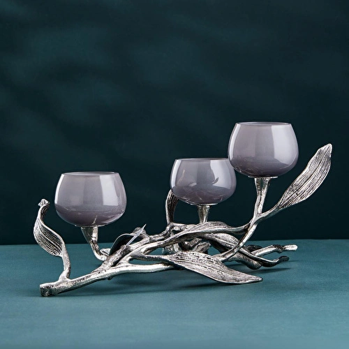 Cornella Ivy Antik Nikel 3 Kollu Füme Ombreli Cam Şamdan Ağız :6 Cm X En:27cm X Boy:43 Cm