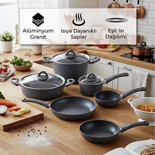 Bernardo Melcor 9 Parça Granit Tencere Seti Gri