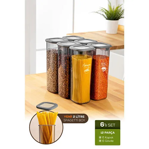 Vienev 6'lı Etiketli Lux Hava Geçirmez Erzak Saklama Kabı Seti 2 Lt Antrasit