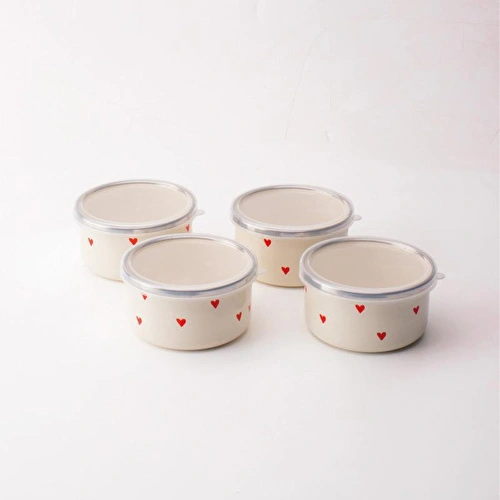 Emaylab Cupid Emaye 4’lü Kapaklı Çerezlik, Kahvaltılık, Reçellik, Zeytinlik, Sunumluk Seti 8cm 200 Ml