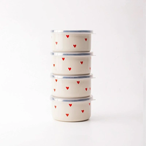 Emaylab Cupid Emaye 4’lü Kapaklı Çerezlik, Kahvaltılık, Reçellik, Zeytinlik, Sunumluk Seti 8cm 200 Ml