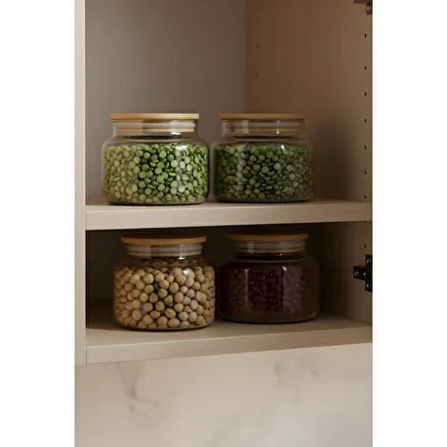 Rakle Basic Bambu Kapaklı 4'lü Cam Kavanoz Seti 350 Cc