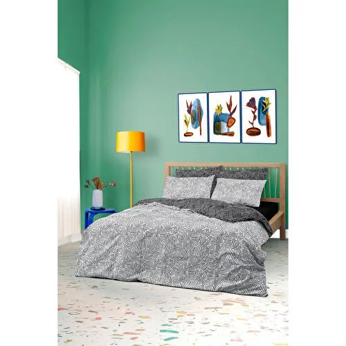 Cozy Home Mono Çift Kişilik Lastikli Çarşaflı Nevresim Takımı Maze Siyah