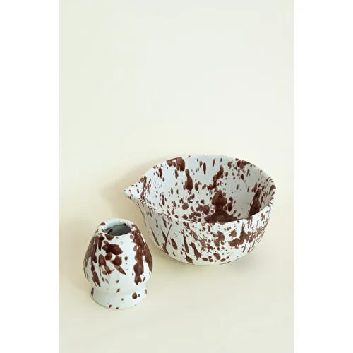 Beige & Stone Seramik Parlak Kahverengi Benekli Matcha Kase Ve Whisk Tutacağı Set