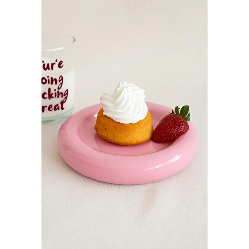 Beige & Stone Seramik Küçük Boy Parlak Pembe Donut Tatlı Tabağı
