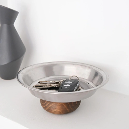Beige & Stone Şık 21 Cm Yuvarlak Ahşap Ayaklı Çelik Sunum Tabağı