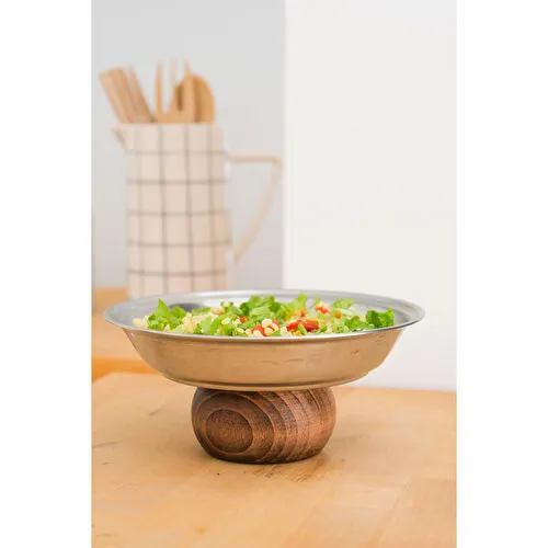 Beige & Stone Şık 21 Cm Yuvarlak Ahşap Ayaklı Çelik Sunum Tabağı