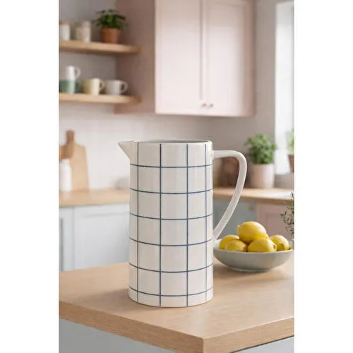 Beige & Stone Kareli Seramik Sürahi