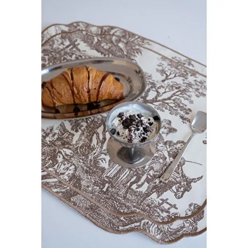 Beige & Stone Kahverengi Beyaz Vintage Nakış İşlemeli Amerikan Servis 2'li