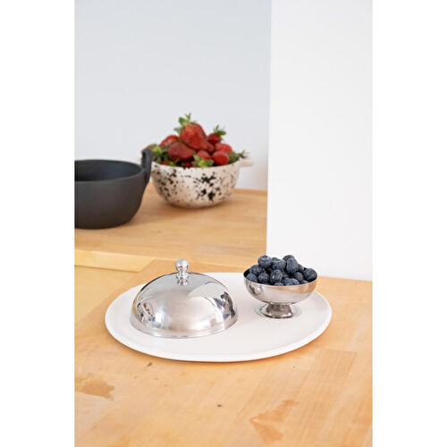 Beige & Stone Paslanmaz Çelik Tatlı Pasta Meyve Sunum Fanus – 13 Cm