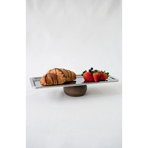 Beige & Stone Ahşap Tabanlı 33 Cm Dikdörtgen Baton Metal Dekoratif Tatlı Pasta Kek Sunum/servis Stand Tabak