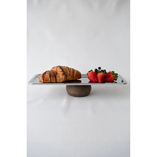 Beige & Stone Ahşap Tabanlı 33 Cm Dikdörtgen Baton Metal Dekoratif Tatlı Pasta Kek Sunum/servis Stand Tabak