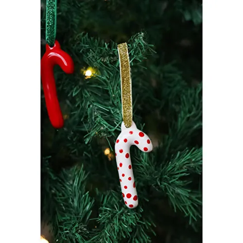 Beige & Stone Yılbaşı Ağaç Süsü Benekli Seramik Baston Çam Ağacı Süsü