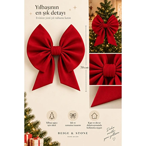 Beige & Stone Kurdele Orta Yıllbaşı Ağaç Süs Noel Kırmızı Fiyonk 70 cm