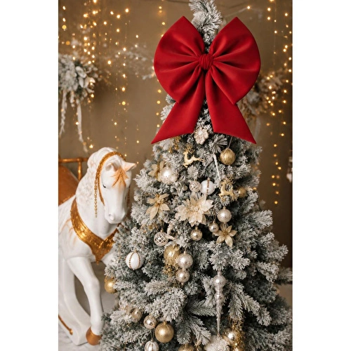 Beige & Stone Kurdele Orta Yıllbaşı Ağaç Süs Noel Kırmızı Fiyonk 70 cm