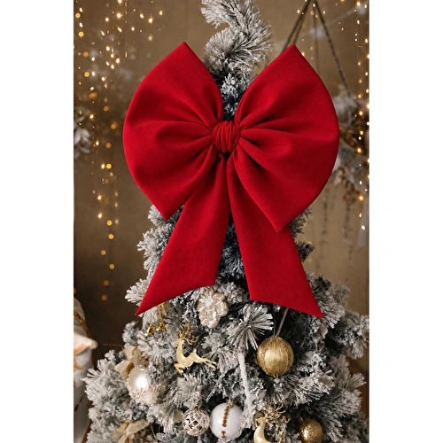 Beige & Stone Kurdele Orta Yıllbaşı Ağaç Süs Noel Kırmızı Fiyonk 70 cm
