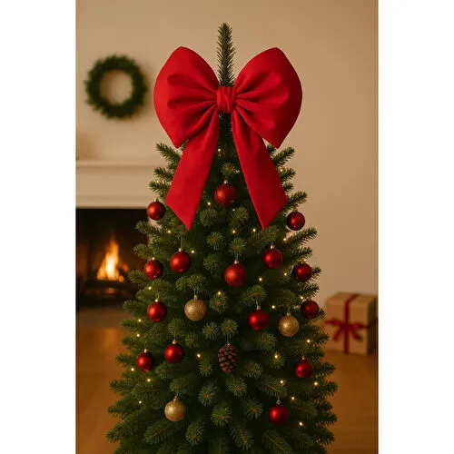 Beige & Stone Kurdele Orta Yıllbaşı Ağaç Süs Noel Kırmızı Fiyonk 37x40cm