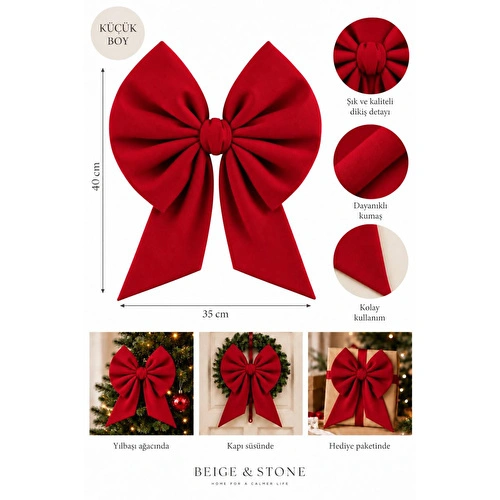 Beige & Stone Yıllbaşı Ağaç Süs Noel Kırmızı Fiyonk 30x35 Cm Küçük