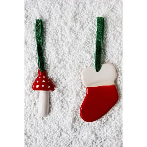 Beige & Stone Yılbaşı Ağaç Süsü Benekli Seramik Mantar-çorap 2'li Çam Ağacı Süsü