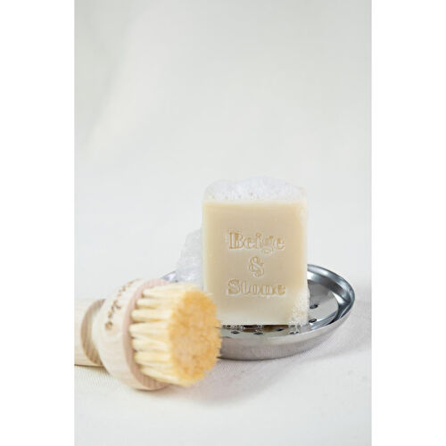 Beige & Stone Doğal Mutfak Seti | 11,5 Cm Çelik Sabunluk & Zeytinyağlı Katı Bulaşık Sabunu 100 Gr