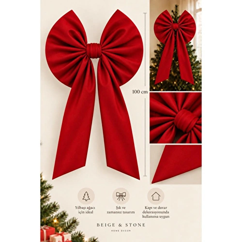Beige & Stone Kurdele Yıllbaşı Ağaç Süs Noel Kırmızı Fiyonk 60x100 Cm Büyük