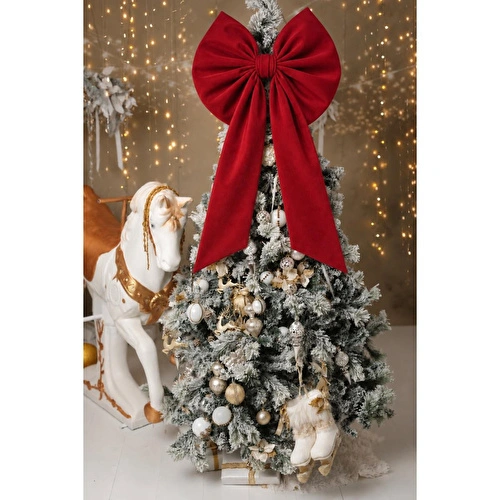Beige & Stone Kurdele Yıllbaşı Ağaç Süs Noel Kırmızı Fiyonk 60x100 Cm Büyük