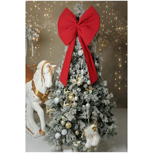 Beige & Stone Kurdele Yıllbaşı Ağaç Süs Noel Kırmızı Fiyonk 55x50 Cm Büyük