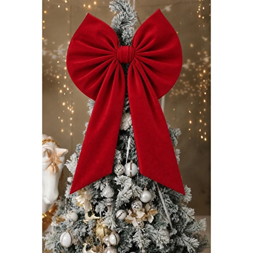 Beige & Stone Kurdele Yıllbaşı Ağaç Süs Noel Kırmızı Fiyonk 60x100 Cm Büyük