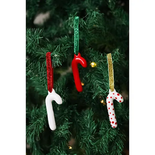 Beige & Stone Yılbaşı Ağaç Süsü Seramik Baston 3'lü Çam Ağacı Süsü