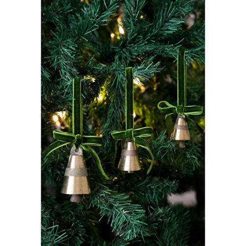 Beige & Stone X Den.ınteriors Yılbaşı Ağacı Süsleme Seti 3'lü Kadife Kurdeleli Gold Renk Çan Ağaç Süsü