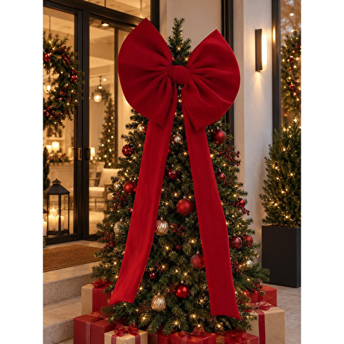 Beige & Stone Kurdele Yıllbaşı Ağaç Süs Noel Dev Kırmızı Fiyonk 60x120 Cm