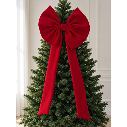 Beige & Stone Kurdele Yıllbaşı Ağaç Süs Noel Dev Kırmızı Fiyonk 60x120 Cm