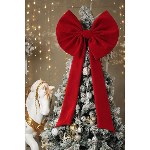 Beige & Stone Kurdele Yıllbaşı Ağaç Süs Noel Dev Kırmızı Fiyonk 60x120 Cm
