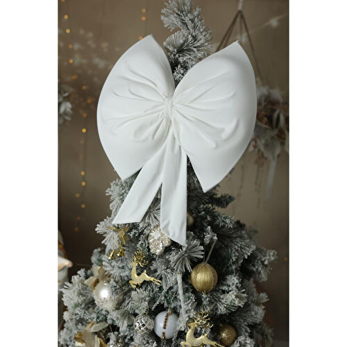 Beige & Stone Kurdele Orta Yıllbaşı Ağaç Süs Noel Beyaz Fiyonk 37x40cm