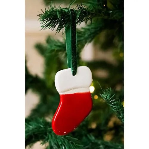 Beige & Stone Yılbaşı Ağaç Süsü Kırmızı-beyaz Seramik Çorap Çam Ağacı Süsü