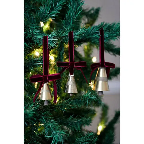 Beige & Stone X Den.ınteriors Yılbaşı Ağacı Süsleme Seti 3'lü Kadife Kurdeleli Gold Renk Çan Ağaç Süsü