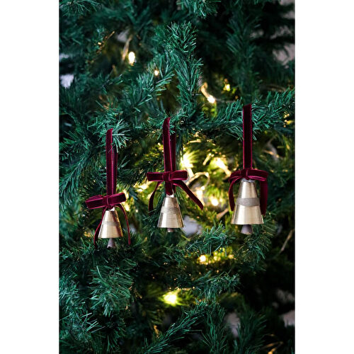 Beige & Stone X Den.ınteriors Yılbaşı Ağacı Süsleme Seti 3'lü Kadife Kurdeleli Gold Renk Çan Ağaç Süsü