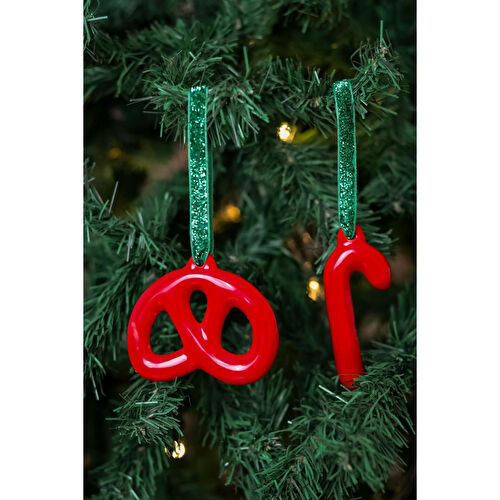 Beige & Stone Yılbaşı Ağaç Süsü Kırmızı Seramik Pretzel Simit-baston 2'li Çam Ağacı Süsü