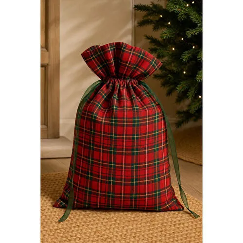 Beige & Stone Yılbaşı Ağaç Altı Süsü Yeni Yıl Ekose Desenli Büyük Hediye Kesesi 40x60 Cm