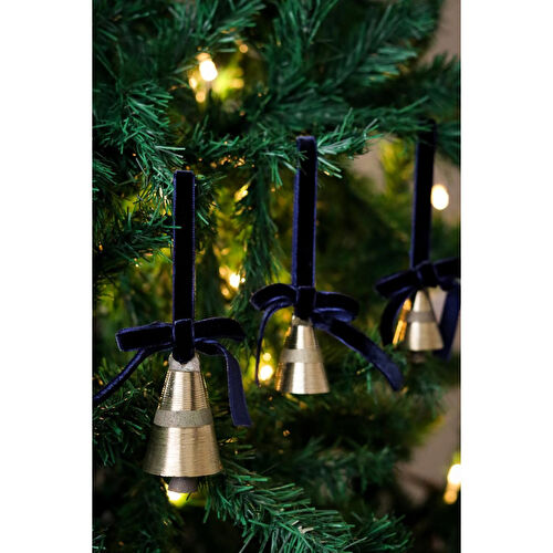 Beige & Stone X Den.ınteriors Yılbaşı Ağacı Süsleme Seti 3'lü Kadife Kurdeleli Gold Renk Çan Ağaç Süsü